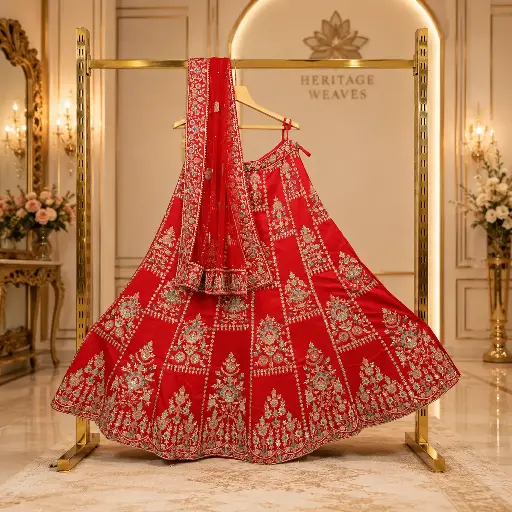 [70718046JP54A4] Women's Red Bridal Lehenga Choli with Floral Embroidery and Matching Dupatta