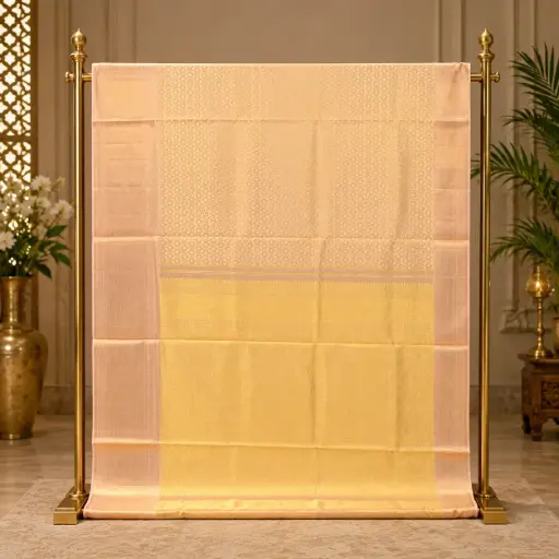 [89209001GU19D2] Elegant Ivory Gold Woven Saree with Blush Pink Border and Ornate Pallu