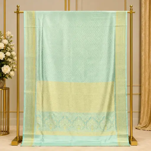 [89209001GU20D2] Mint Green Woven Saree with Golden Border and Chevron Design