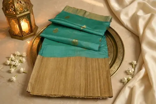 [30709001TI2435] Sea Green Handwoven Silk Saree with Gold Tissue Pallu 