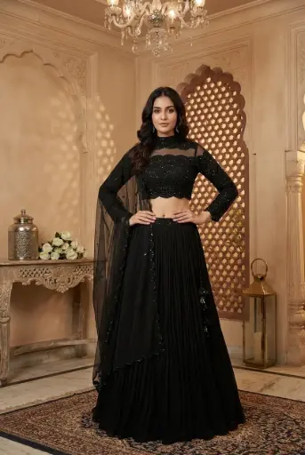 [32142041IJ97A8] Midnight Black Embroidered High-Neck Crop Top Lehenga Set