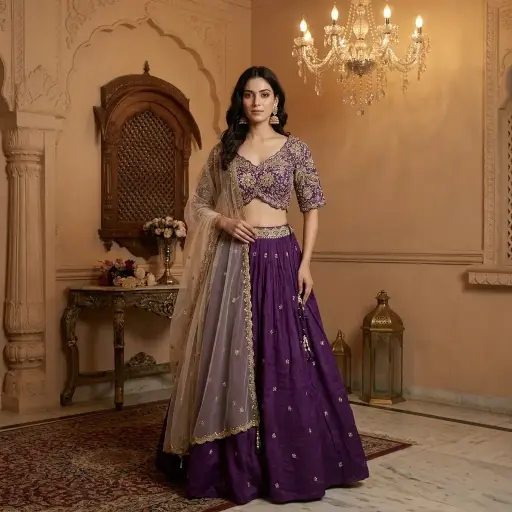 [32142041IK02A8] Royal Purple Zardozi Embroidered Silk Lehenga Choli Set