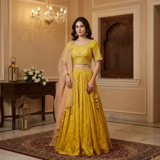 [32142043IK01A8] Mustard Yellow Silk Embroidered Lehenga Choli with Peach Dupatta