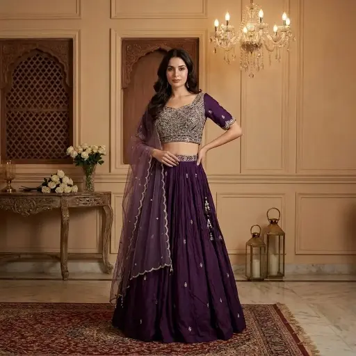 [32142084HD31B7] Royal Plum Silk Embroidered Lehenga Choli Set with Dupatta