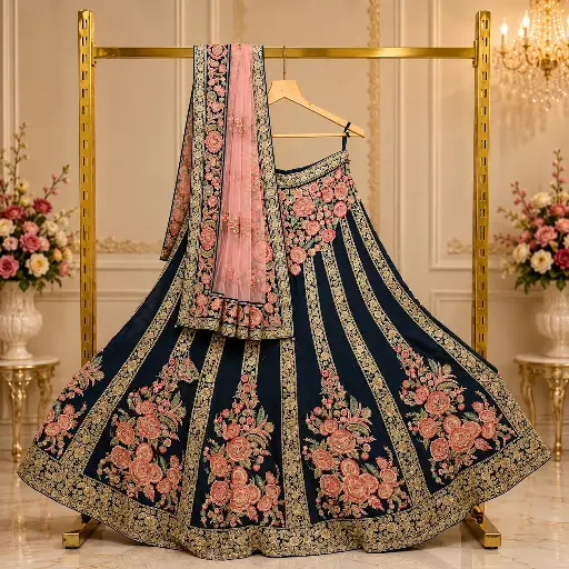 [42818001KU7697] Women's Navy Blue Floral Embroidered Lehenga Choli with Pink Dupatta