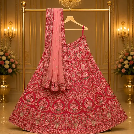 [42818001KU8797] Women's Pink Floral Embroidered Lehenga Choli with Blush Dupatta