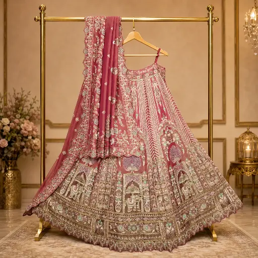 [69018001EA70E2] Women's Dusty Rose Embroidered Bridal Lehenga Choli with Matching Dupatta