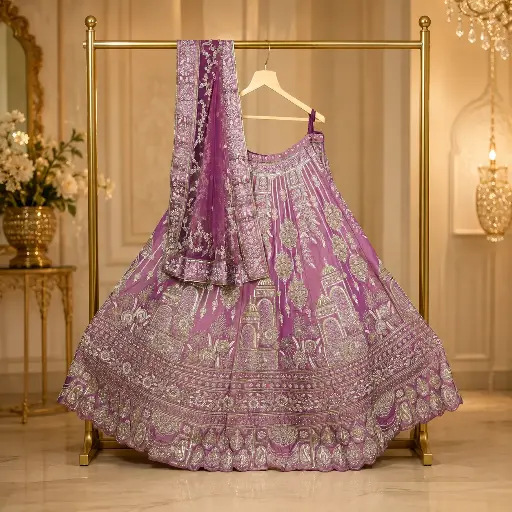 [69018001EE99E3] Mauve Bridal Lehenga Choli with Gold Embroidery and Matching Net Dupatta