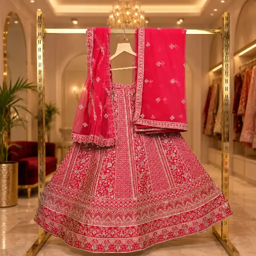 [69018001FX47E1] Women's Pink Bridal Lehenga Choli with Gold Embroidery and Net Dupatta
