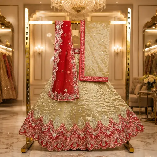 [69018001FX65E2] Women's Beige Lehenga Choli with Red Embroidery and Matching Dupatta