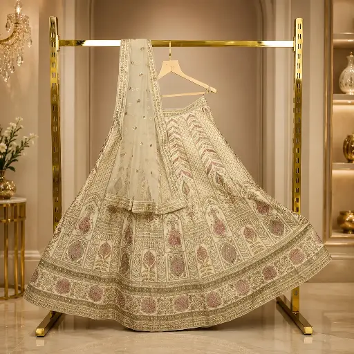 [69018001GU01D2] Women's Ivory Bridal Lehenga Choli with Gold & Pink Embroidery and Matching Net Dupatta