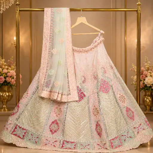 [69018001KO3596] Pastel Peach Bridal Lehenga Choli with Sequin Work and Mint Net Dupatta
