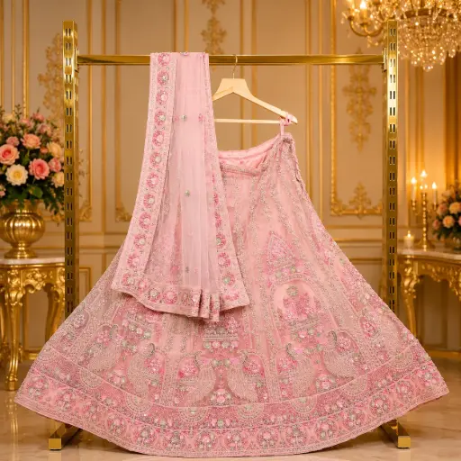 [69018001KO3696] Women's Blush Pink Bridal Lehenga Choli with Peacock Embroidery, Sequins and Embroidered Net Dupatta
