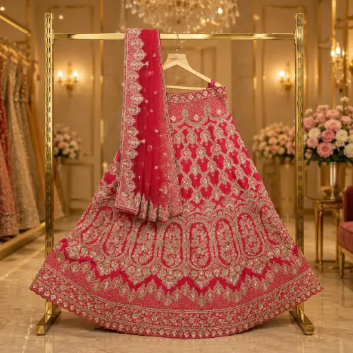 [69018001KO4196] Women's Fuchsia Pink Bridal Lehenga Choli with Gold Embroidery and Matching Net Dupatta Wedding Set