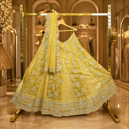 [69018037GT51D2] Women's Mustard Yellow Lehenga Choli with Silver Floral Work & Matching Net Dupatta
