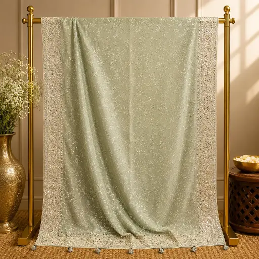 [69017001GT67D2] Sage Green Sequin Embroidered Saree with Silver Floral Border