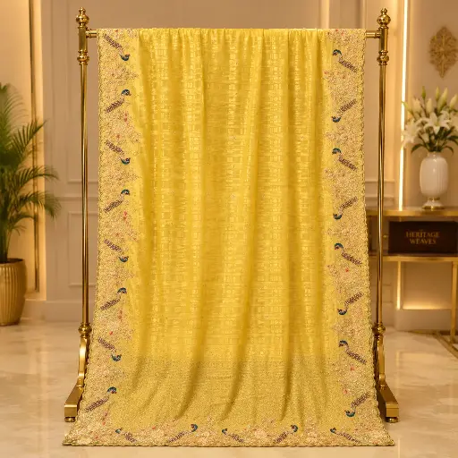 [69013001GT76D2] Women's Mustard Yellow Saree with Peacock Floral Embroidered Border