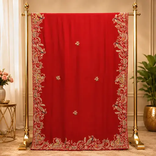 [69013001GT85D2] Women's Red Designer Saree with Multicolor Peacock Floral Embroidery Border