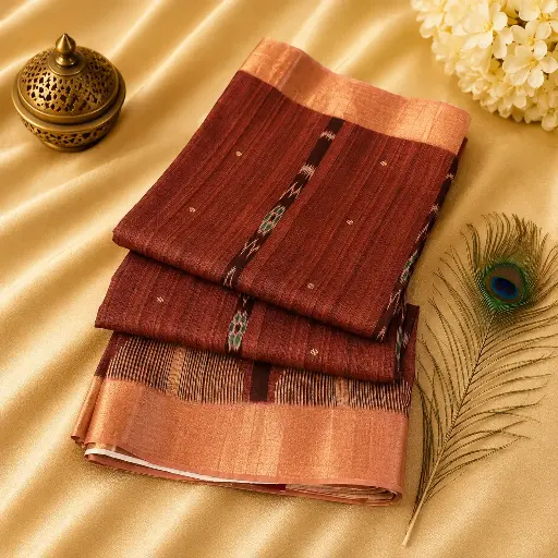 [49609001IY32B5] Brown Cotton Silk Saree with Peach Zari Border