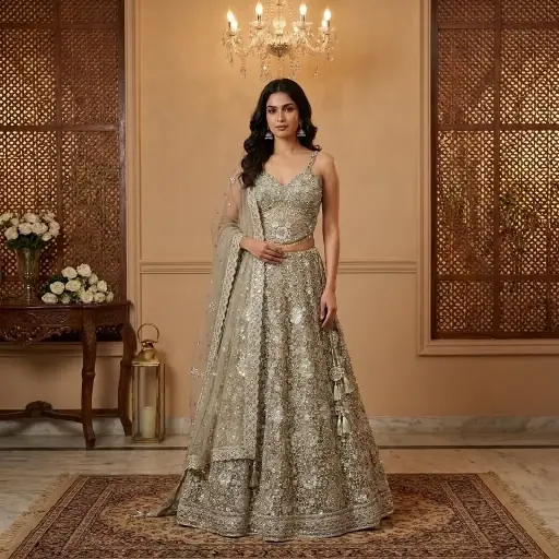 [70118001EA78E2] Dusty Sage Green Embroidered Corset Lehenga Choli Set 