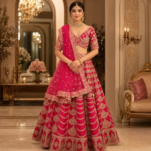 [70118001FT89E1] Women's Rani Pink Gold Embroidered Lehenga Choli with Net Dupatta