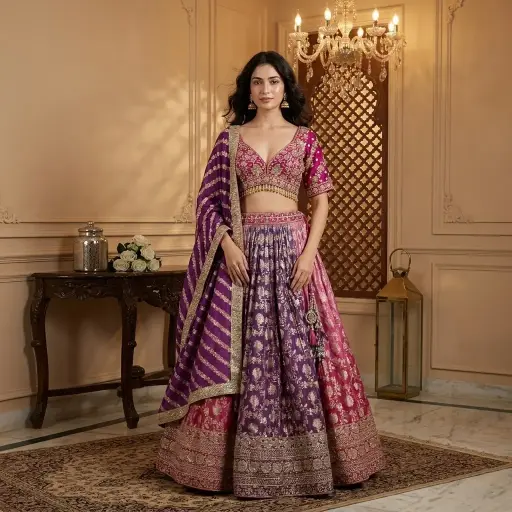 [70118001FW66E1] Magenta and Purple Brocade Silk Embroidered Lehenga Choli Set