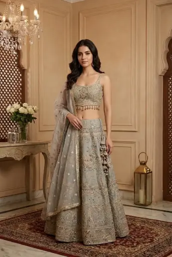 [70118001IU76E1] Exquisite Grey Embroidered Chanya Choli Lehenga Set