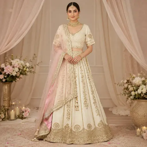 [70118001KL78E2] Women's Ivory Gold Embroidered Lehenga Choli with Pink Net Dupatta for Wedding and Festive Wear Set