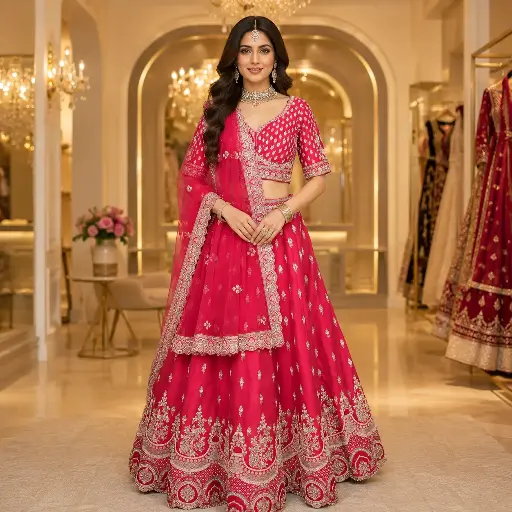 [70118001QE68E3] Women's Rani Pink Embroidered Lehenga Choli with Net Dupatta