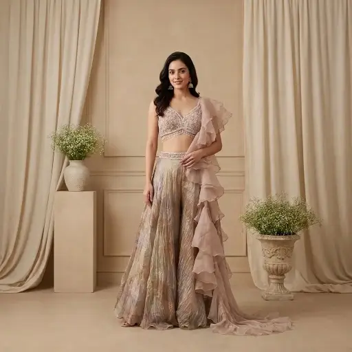 [70118001RT60E3] Blush Pink Embellished Crop Top and Metallic Pleated Skirt Set