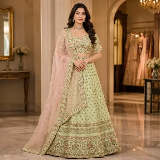 [70118001WJ5298] Women's Pastel Green Floral Lehenga Choli with Pink Net Dupatta