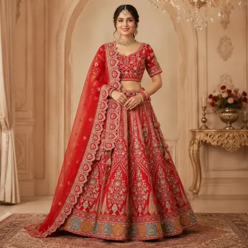 [70118002RU66B2] Women's Red Embroidered Lehenga Choli with Net Dupatta for Bridal Wedding and Festive Party Wear Set