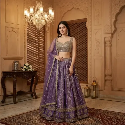 [70142001FT72E1] Purple Embroidered Silk Lehenga Choli with Net Dupatta