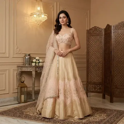 [70142001LB91E1] Peach and Champagne Gold Embroidered Silk Lehenga Choli Set
