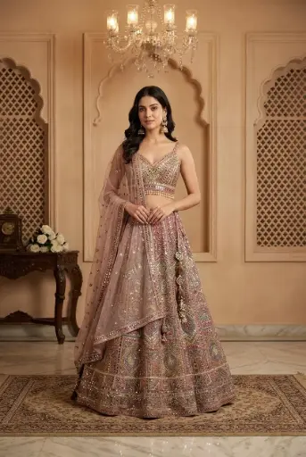 [70142001ZL86E1] Multicolor Embellished Crop Top Lehenga Set with Net Dupatta