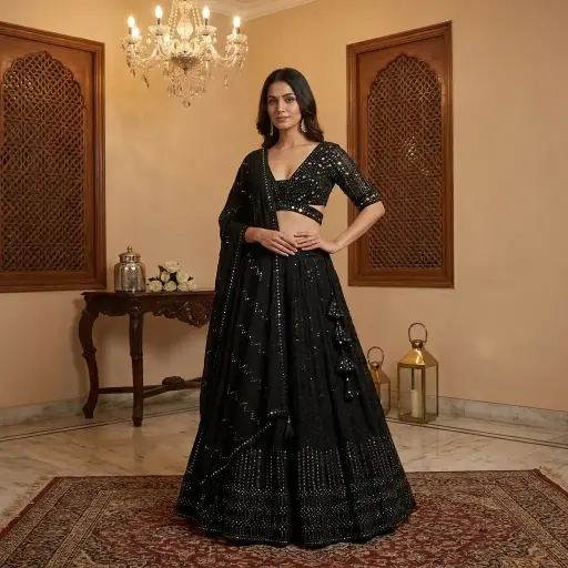 [70142002ZD14C1] Jet Black Georgette Mirror and Sequin Embroidered Lehenga Set