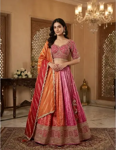 [70142003KG94E1] Rani Pink and Ombre Silk Handcrafted Bridal Lehenga Set 