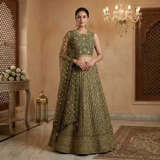 [70142026JV44A5] Mehendi Green Embroidered Crop Top Lehenga Set with Dupatta
