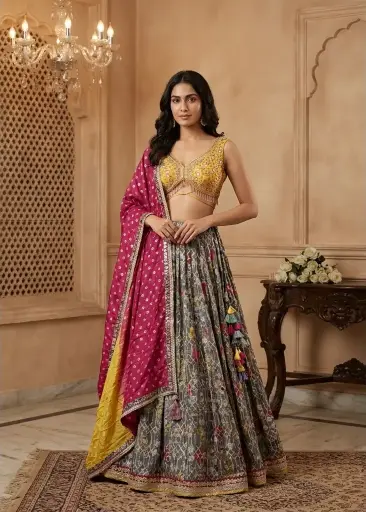 [70142039IU76B3] Grey Printed Silk Lehenga with Embellished Yellow Choli