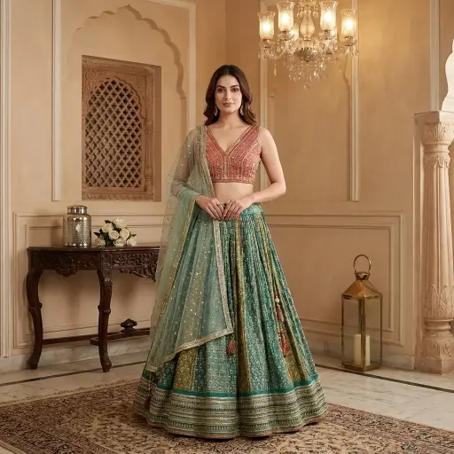 [70142048IX31B5] Rama Green Pleated Lehenga Set with Embellished Red Blouse