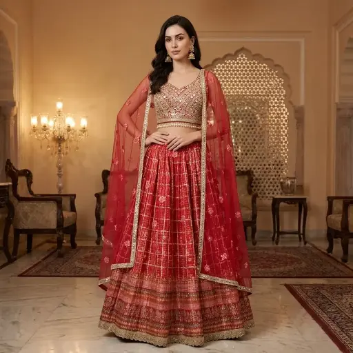 [70142050IZ78B6] Rani Red Bandhani Print Lehenga Set with Embroidered Choli