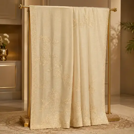 [86717001EA73E2] Ivory Saree with Floral Thread Embroidery and Delicate Border