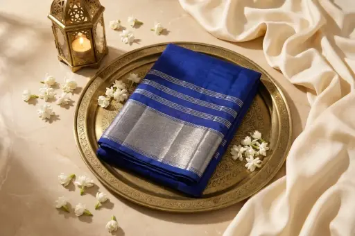 [87312001EL20E6] Royal Blue Silk Saree with Gold Zari Border