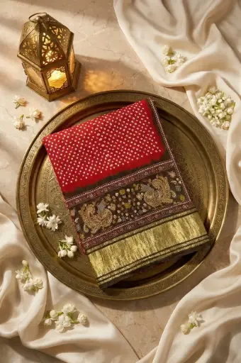 [87312001FH03D7] Red and Olive Bandhani Saree with Peacock Pallu