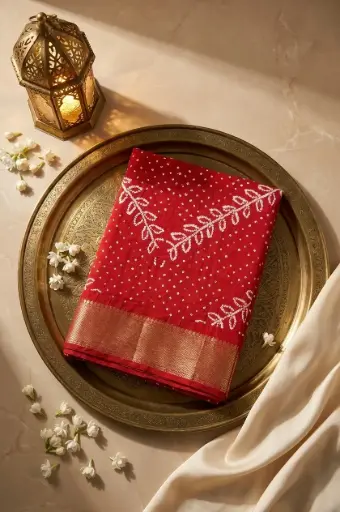[87312001GP21D0] Red Bandhani Georgette Saree with Woven Zari Border