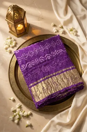[87312001GW58D3] Royal Purple Bandhani Georgette Saree with Zari Border