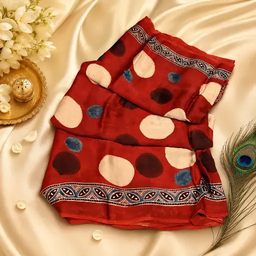 [87312001GW61D3] Women's Rust Red Polka Dot Printed Saree with Ethnic Border
