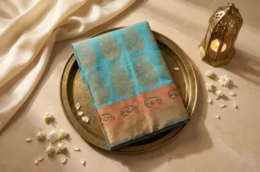 [27809001RM7644] Turquoise and Gold Handwoven Silk Banarasi Saree