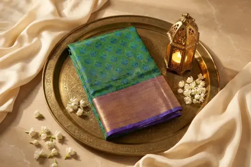 [27809001UJ2033] Bottle Green Silk Saree with Zari Border