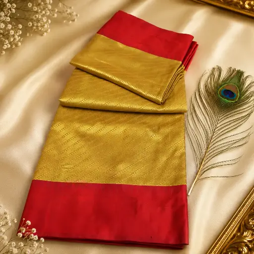 [27809001UJ2233] Elegant Gold Silk Saree with Ruby Red Contrast Border & Subtle Woven Design